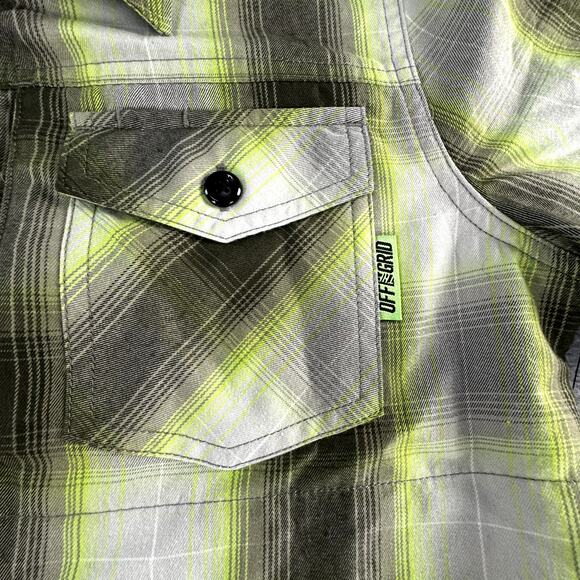 OFF the Grid Women's Bailey Technical Flannel Shirt Medium Lime Green Gray Plaid - Picture 3 of 13